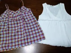 [美品]ユニクロの白とピンクチェックのキャミソール2枚組綿生地Mサイズ