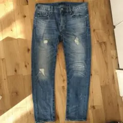 UNIQLO ストレートデニム ブルー ダメージ加工