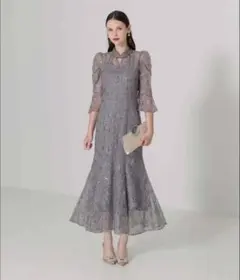 【LEJA】スパンコール花柄刺繍ソフトパフスリーブマーメイドラインドレス　M