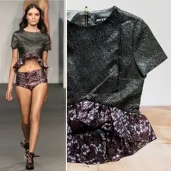 イギリス製ハウスオブホーランド刺繍ジャガードラメ総柄切替フリル切替ブラウスベスト