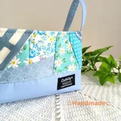 布バスケット　ハンドメイド　布小物入れ　ティッシュケース　パッチワーク　ブルー系