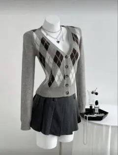 SHEIN グレー アーガイル カーディガン 長袖