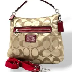 【良品】COACH　コーチ　ショルダーバッグ　2way ベージュ×レッド　シグネ