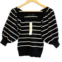 新品✨ヘザー ボーダーパフスリーブニット セーター 黒白 2way 夏 デートのサムネイル