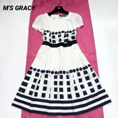 【美品✨】エムズグレイシー 幾何学模様 ウエストリボン ワンピース 40