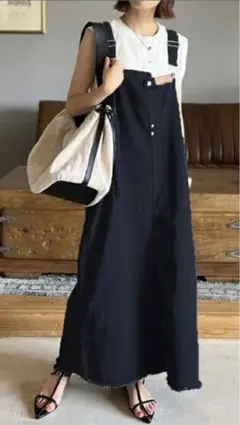 黒 デニムサロペットワンピース ロング丈