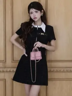 Randy アシンメトリーツイードハーフスリーブドレス