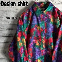 VINTAGE　柄シャツ　ポリシャツ　シルクシャツ　総柄　花柄　メンズM相当