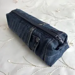 キャラメルポーチ　ペンケース　デニムリメイク　ハンドメイド　外ポケット