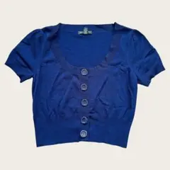 INC 半袖ニットカーディガン L ブルー系 パフスリーブ ショート丈