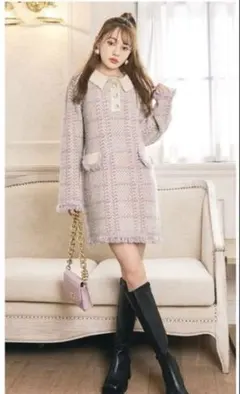 ツイードハイネックフリンジミニワンピース[rut577]