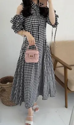 GLR ギンガムチェック柄ショルダーオープンフリルワンピース