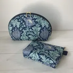 ハンドメイド/ネイビーアネモネのポーチ2点セット