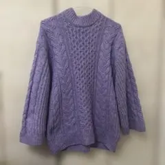 パープル ケーブル編み 長袖セーター