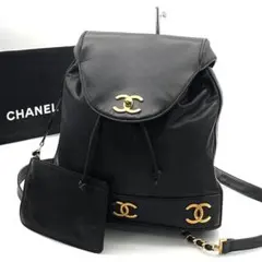 美品　シャネル トリプルココ チェーンリュックサック ラムスキン ブラック