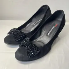 【美品】コンポジション9 パンプス ウェッジソール ビジューリボン 黒 23㎝