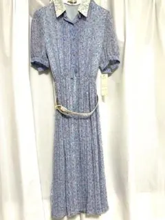 【昭和レトロ】【新品未使用】花柄ひざ丈ワンピース 半袖　ベルト付き　タグ付き