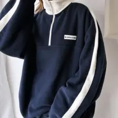 《Javaジャバコラボ》配色フリース ハーフジップ プルオーバー ネイビー