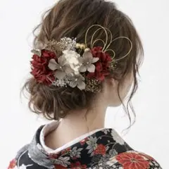 ドライフラワー髪飾り 赤グレーヘア飾り 結婚式 和装 成人式振袖 卒業式袴