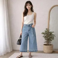 ZARA ワイドデニムパンツ ベルト付き ハイウエスト クロップド丈 L相当