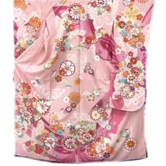 ☆中古品☆振袖　単品　化繊　ピンク系蝶・花模様振袖