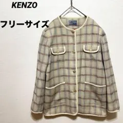 90's KENZO JEANS 北斎タグ　チェック柄　ノーカラージャケット　Fのサムネイル