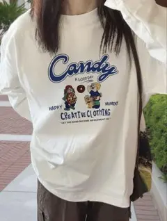 【M】ホワイト 長袖Tシャツ グラフィック カジュアル ストリート