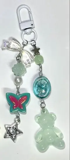 ハンドメイド ビーズ キーホルダー ストラップ グリーン Y2K