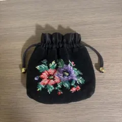 FEILER 花柄刺繍 巾着 ブラック