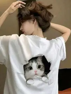 猫デザイン ホワイトTシャツ　面白Tシャツ　ユニーク　おもしろTシャツ　ねこ