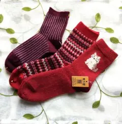 靴下屋 猫刺繍 ジャカード柄 ソックス 靴下 赤系 3足セット 新品