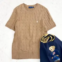 現行【ラルフローレン】ケーブルニット　半袖　ポニー刺繍　ゆったり　キャメル　XL