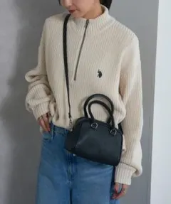 アイボリー リブ編み ジップアップニット L