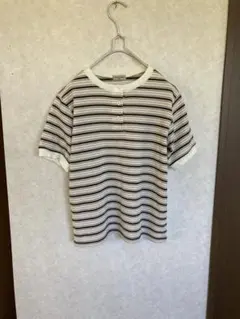Samansa Mos2 ワッフルボーダーヘンリーネックTシャツ　ストライプ