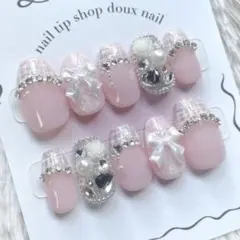 【サイズオーダー】量産型　フレンチガーリー　韓国ネイル　ツイード　ピンク　リボン