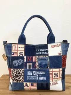 古着デニムリメイク　パッチワークトートバッグ　帆布