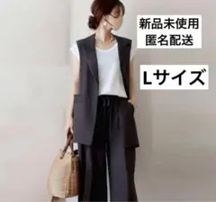 パンツスーツ　ジレ　夏　大人 ノースリーブジャケット　ロングジレ　黒　Lサイズ