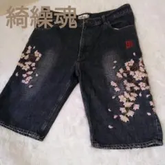 9090 桜刺繍 デニムハーフパンツ メルカリ内1点 - メルカリ