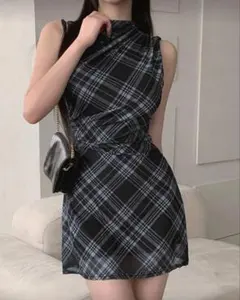 ノースリーブ ミニワンピース チェック