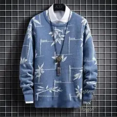 メンズ ほぼ未使用　デザインニットセーター クルーネック 長袖