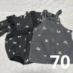 70 プティマイン花柄ロンパース・H&M花柄デニムジャンスカ セット