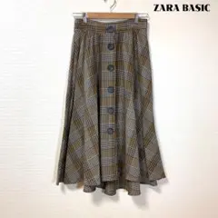 ZARA BASIC チェックフレアロングスカート フロントボタン コットン