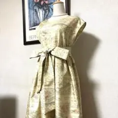大島紬　フレンチ袖ギャザーワンピース　絹　着物リメイク　結婚式　パーティ　発表会