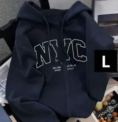 Shein ジップアップパーカー ネイビー 紺 ロゴ 裏起毛