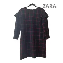 ZARA 　肩フリルチェックワンピース ゆったりライン