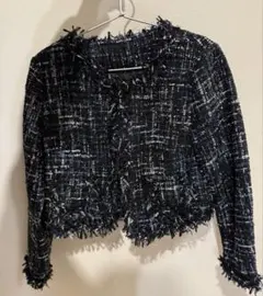 ノーカラーツイードジャケット 黒青