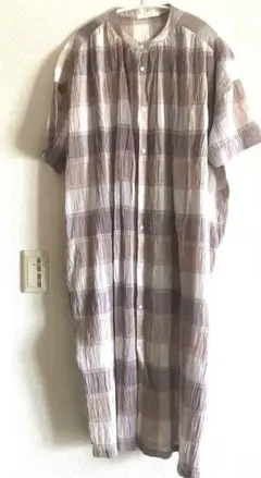 マドラスチェックの半袖ロングワンピース　淡色✴︎