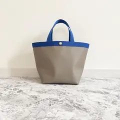 ハンドメイド 舟形トートM茶ベージュブルー裏地ベージュボタンゴールド
