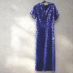 美品⭐大人キレイ和の雰囲気 ブルーパープルxラベンダー総柄 半袖ロングワンピース