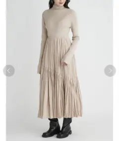 ミラオーウェン　異素材ニットワンピース　ニットドッキングワッシャープリーツ